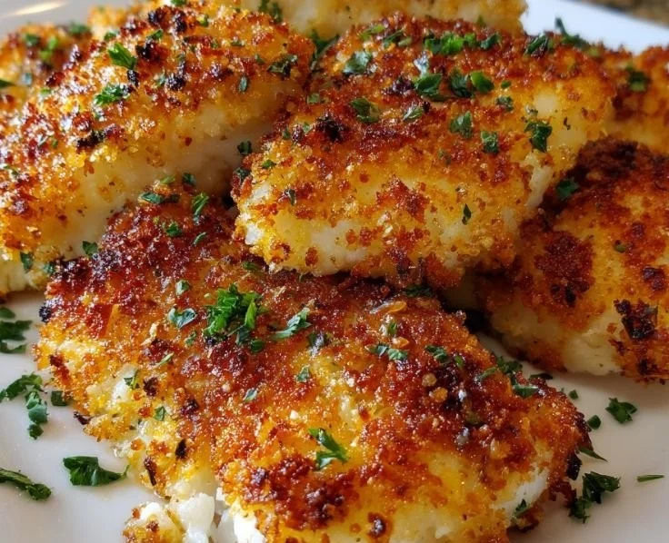 Crispy Air Fryer Parmesan Cod fillet on a plate with lemon and herbs