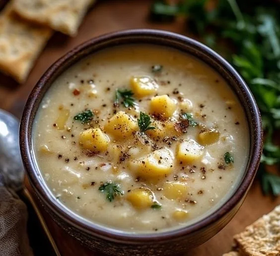 Bowl of Amish Snow Day Soup filled with vegetables and spices for a cozy meal.