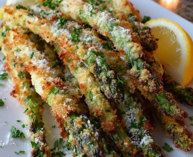 Asiago-Crusted Asparagus Spears crispy and golden on a plate
