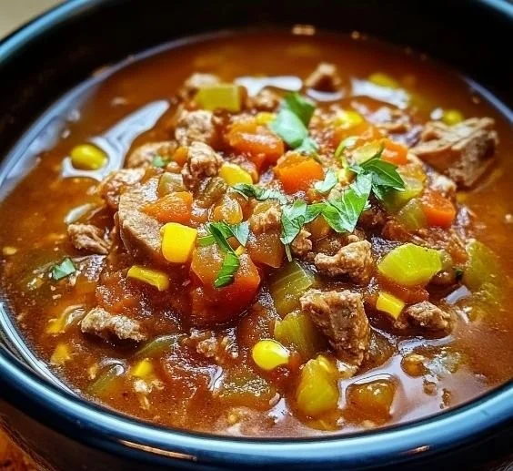 Delicious bowl of authentic Brunswick Stew with vegetables and meat