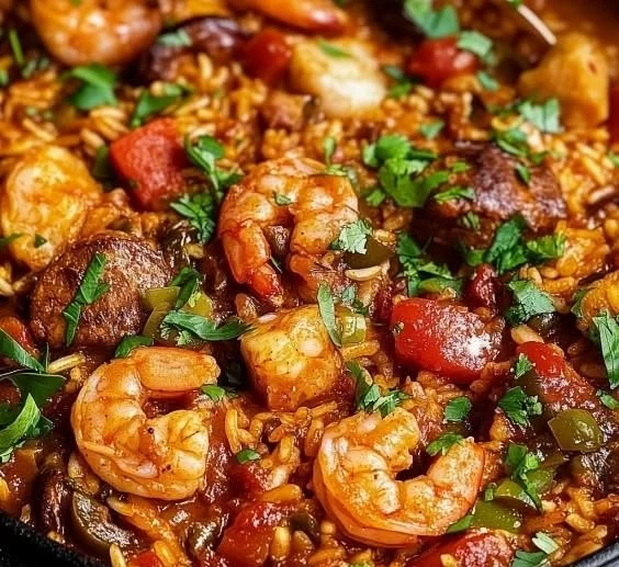 Bowl of authentic Cajun Jambalaya with shrimp, sausage, and rice