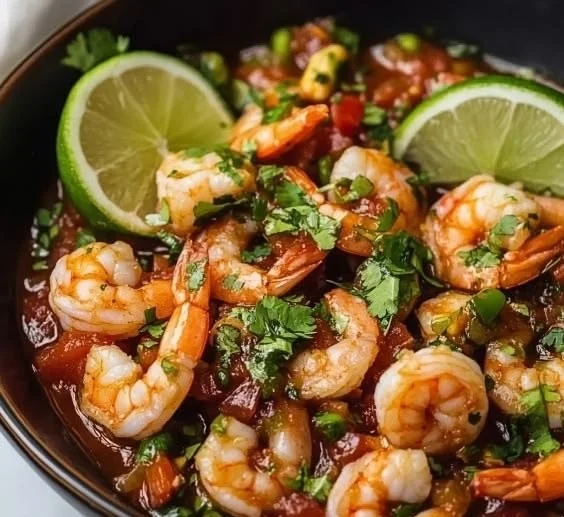 Plate of authentic Mexican shrimp served with fresh vegetables and spices