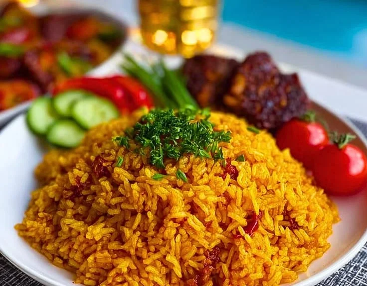 Authentic West African Jollof Rice served with vegetables and spices.