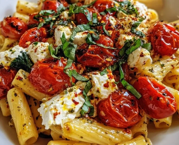 Delicious baked feta pasta with tomatoes and herbs in a serving dish