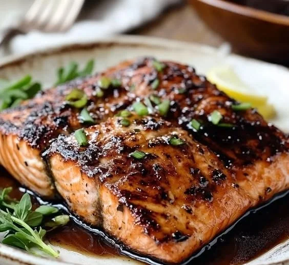Balsamic glazed salmon fillet on a plate garnished with herbs.