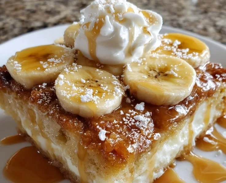 Delicious Banana Cream Cheese Cobbler topped with fresh bananas and whipped cream