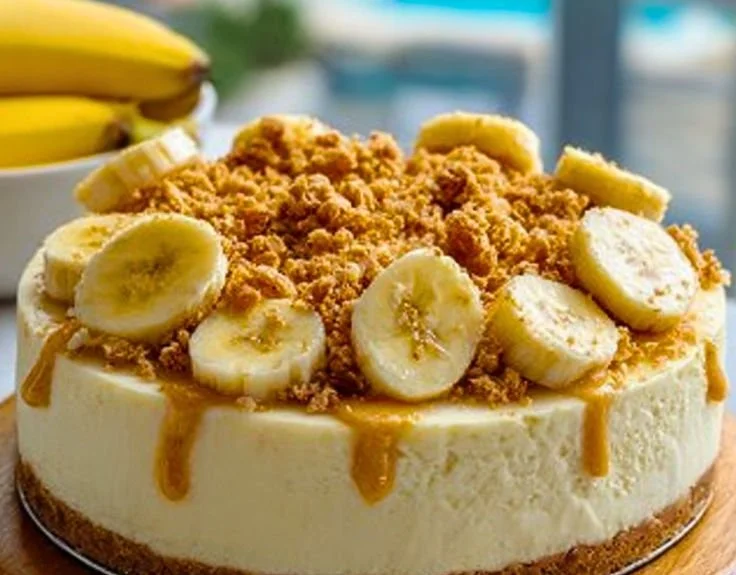 Slice of banana pudding crunch cheesecake with banana slices and whipped cream