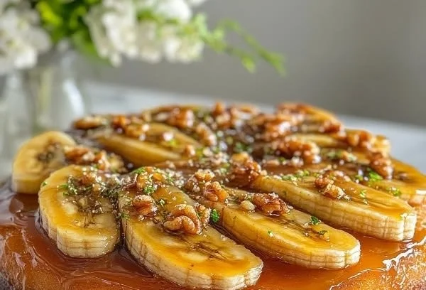 Delicious Banana Upside Down Cake topped with caramelized bananas and cherries
