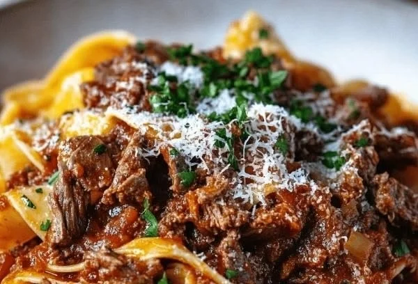 Delicious Beef Ragu served with pappardelle pasta in a rich sauce