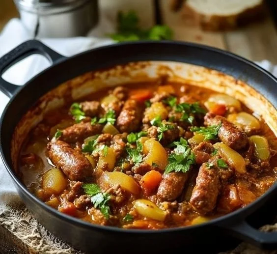 Delicious beef sausage casserole prepared by Mary Berry, served in a rustic dish.