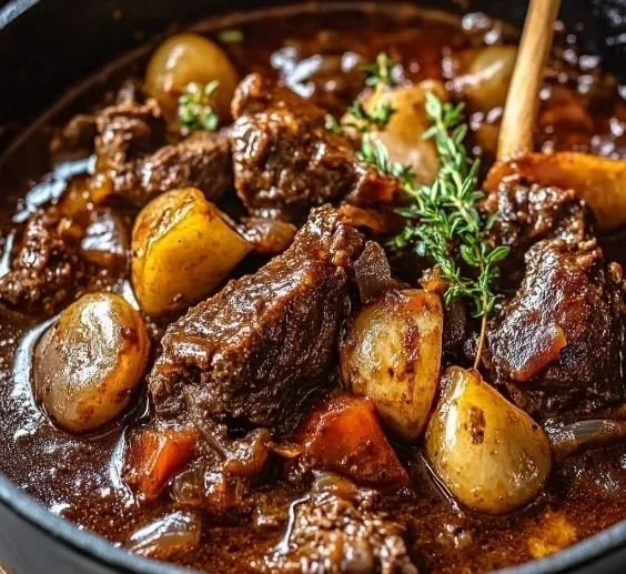 Delicious Beef Stifado served in a traditional Greek clay dish with herbs.