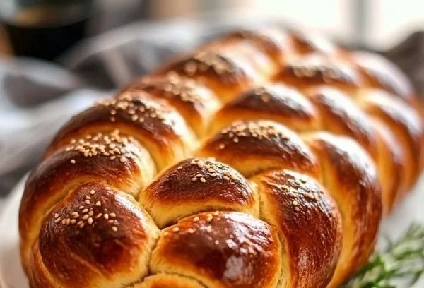 Freshly baked challah bread on a wooden table, perfect for any occasion.