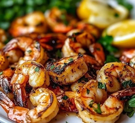 Delicious marinated grilled shrimp on a platter
