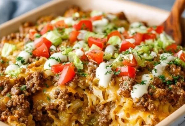 Big Mac Casserole dish topped with cheese and fresh ingredients