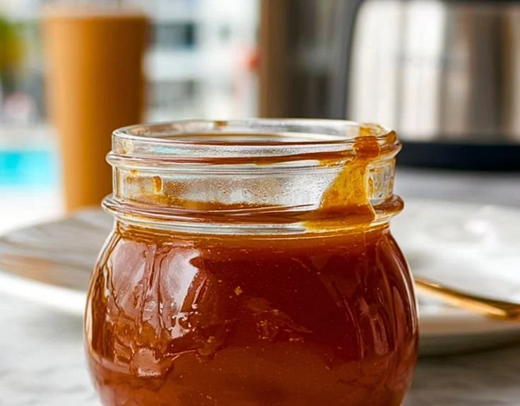 Biscoff Cookie Butter Coffee Syrup bottle on a wooden table