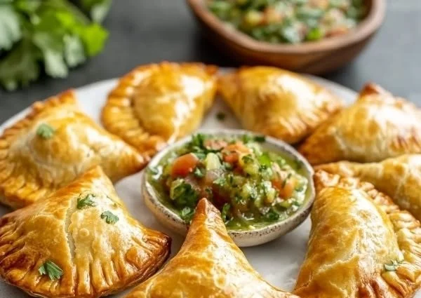 Delicious Bolivian juicy baked empanadas on a rustic wooden table