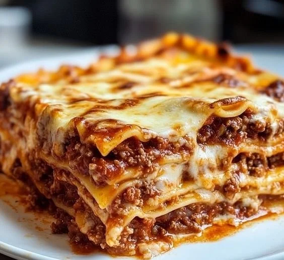 Delicious Bolognese lasagna layered with meat sauce and cheese.