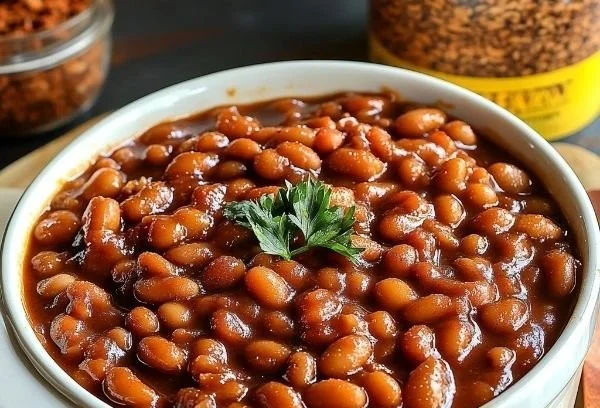 Delicious bowl of traditional Boston Baked Beans served with a garnish.