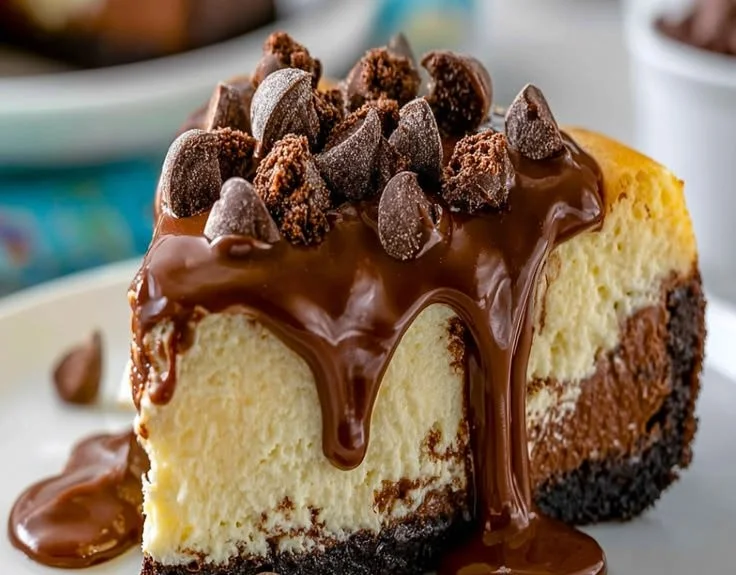 Delicious Boston chocolate cream pie cheesecake with rich chocolate layers