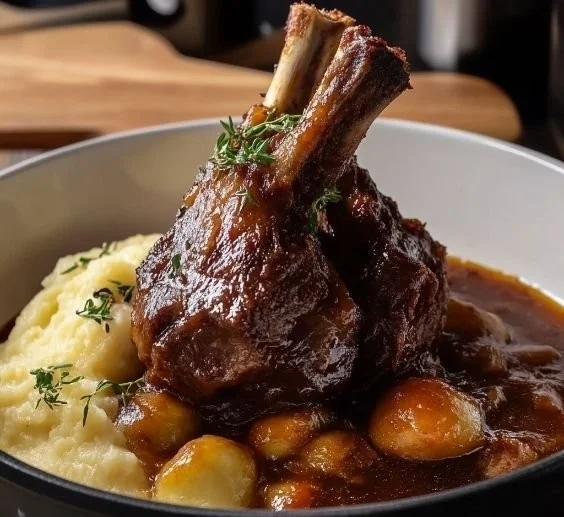 Delicious braised lamb shanks served in Greek style with spices and herbs.