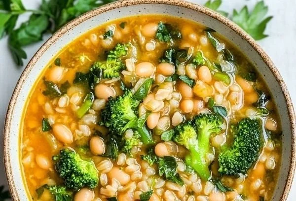 Bowl of Broccoli Soup with barley and cannellini beans garnished with fresh herbs.