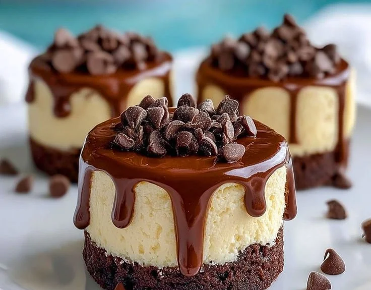 Brownie bottom mini cheesecakes topped with chocolate and fresh berries