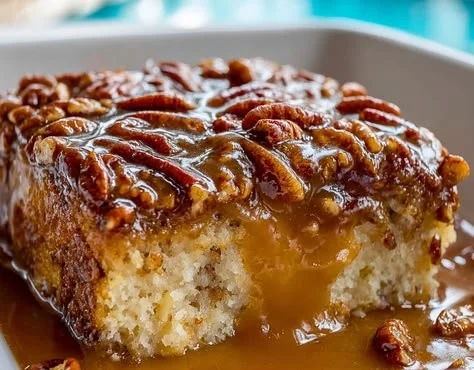 Delicious Butter Pecan Praline Poke Cake topped with rich praline sauce and pecans