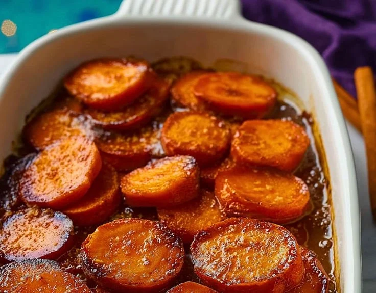 Delicious candied sweet potatoes garnished with pecans in a serving dish.