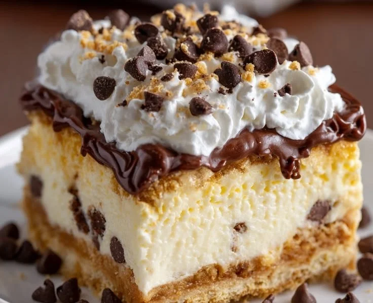 Delicious cannoli cheesecake bars topped with chocolate chips and whipped cream
