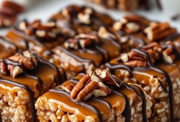 Delicious Caramel Turtle Rice Krispie Treats topped with caramel and nuts.