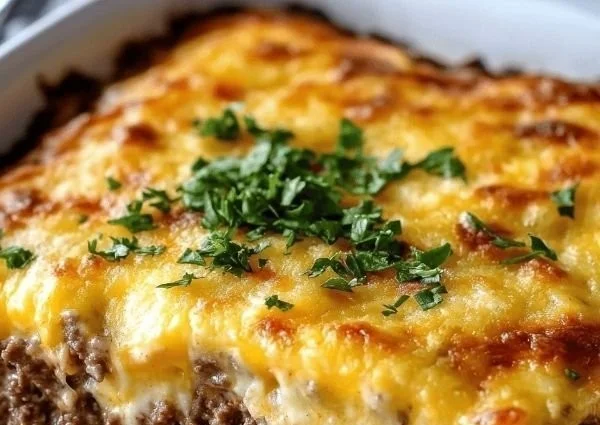 Low-carb cheeseburger casserole served in a baking dish with melted cheese on top.