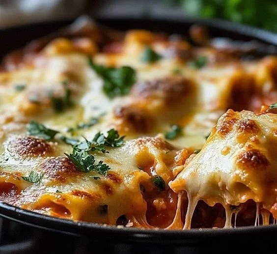 Cheesy baked ravioli casserole topped with melted cheese and herbs