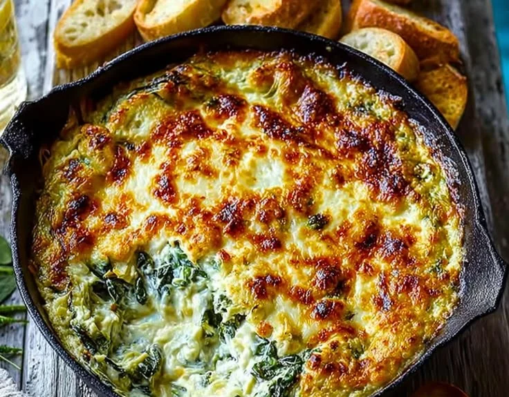 Cheesy baked spinach artichoke dip served in a dish with fresh herbs
