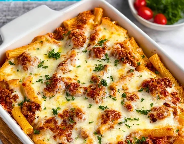 Delicious cheesy baked ziti fresh out of the oven, topped with melted cheese and herbs.