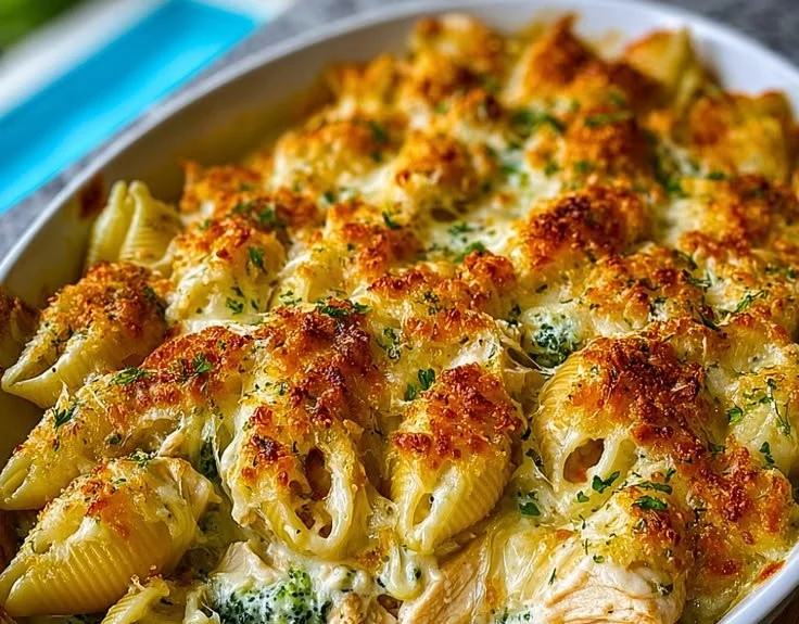 Delicious cheesy chicken shells served in a bowl