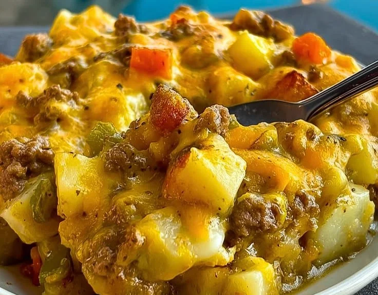 Cheesy ground beef casserole baked with layers of cheese and seasonings