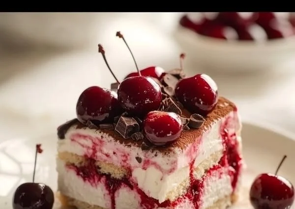 Delicious Cherry Amaretto Tiramisu dessert with cherries and creamy layers