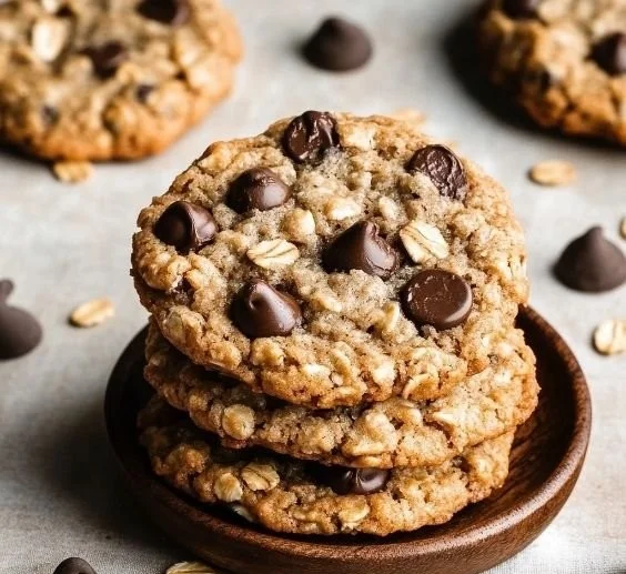 Chewy oatmeal chocolate chip cookies fresh out of the oven