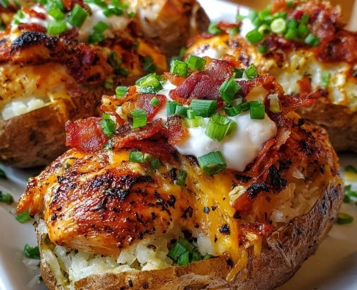 Chicken Bacon Ranch Baked Potatoes topped with crispy bacon and ranch dressing