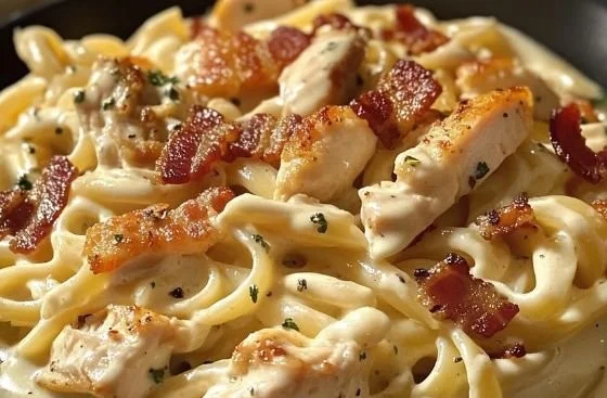 Plate of Chicken Bacon Ranch Pasta with chicken, bacon, and ranch sauce