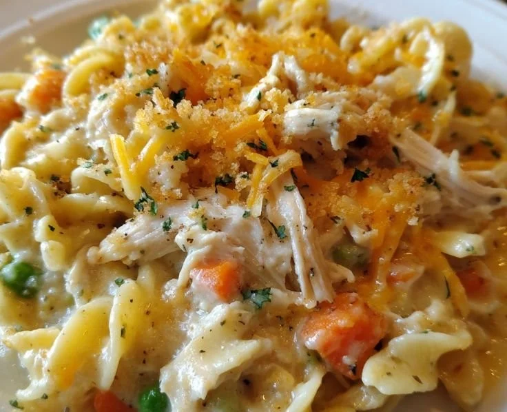 Delicious homemade chicken noodle casserole fresh from the oven