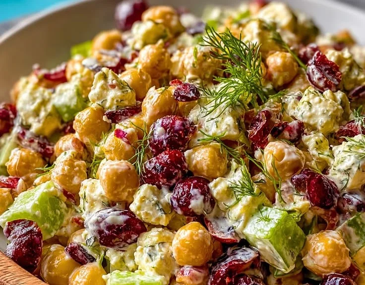 Chickpea Cranberry Salad with creamy feta dressing in a bowl.