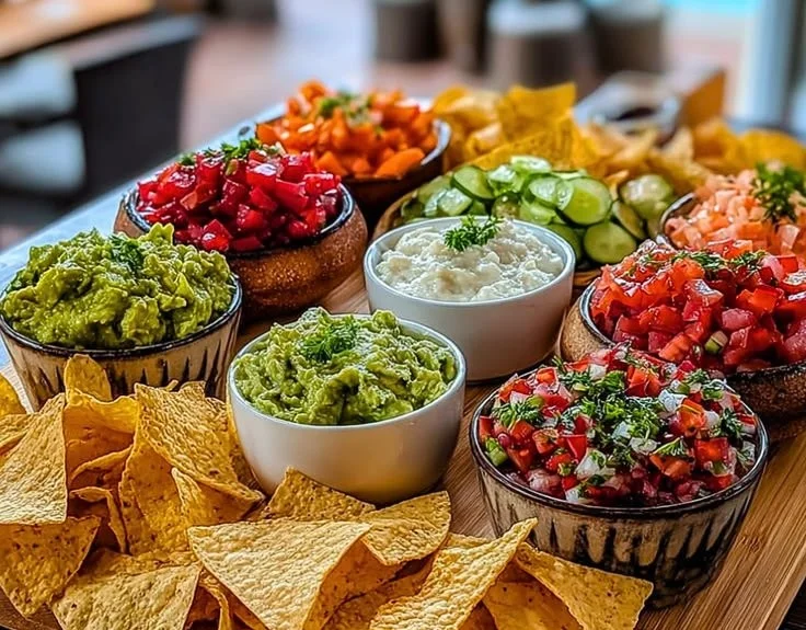 Delicious Chip & Dip Charcuterie Board featuring a variety of dips and snacks