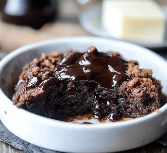 Delicious homemade Chocolate Cobbler dessert served warm with ice cream.