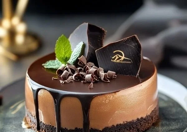 Delicious Chocolate Mousse Torte topped with chocolate shavings and fresh berries.
