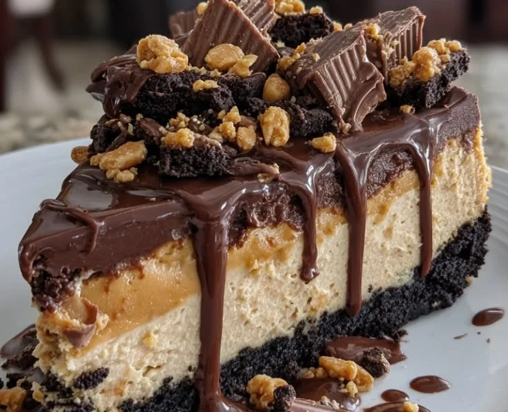 Delicious chocolate peanut butter cheesecake slice on a plate