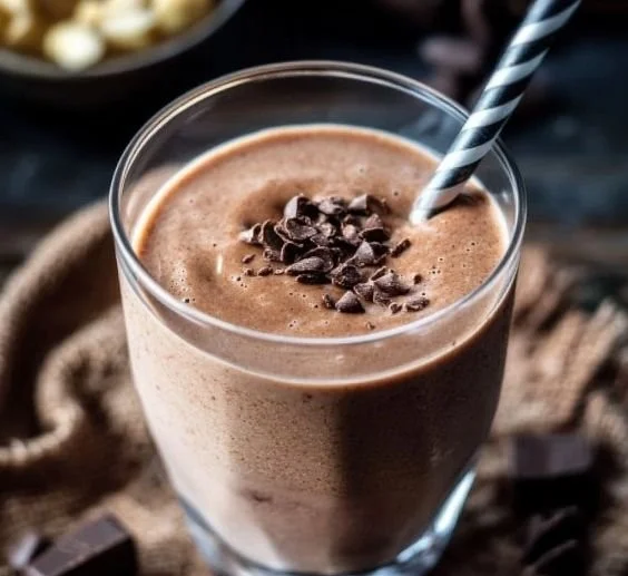 Chocolate peanut butter protein shake in a glass with a spoon
