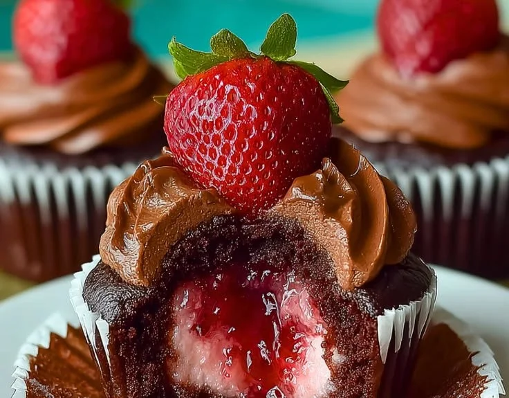 Delicious chocolate strawberry jam cupcakes topped with fresh strawberries