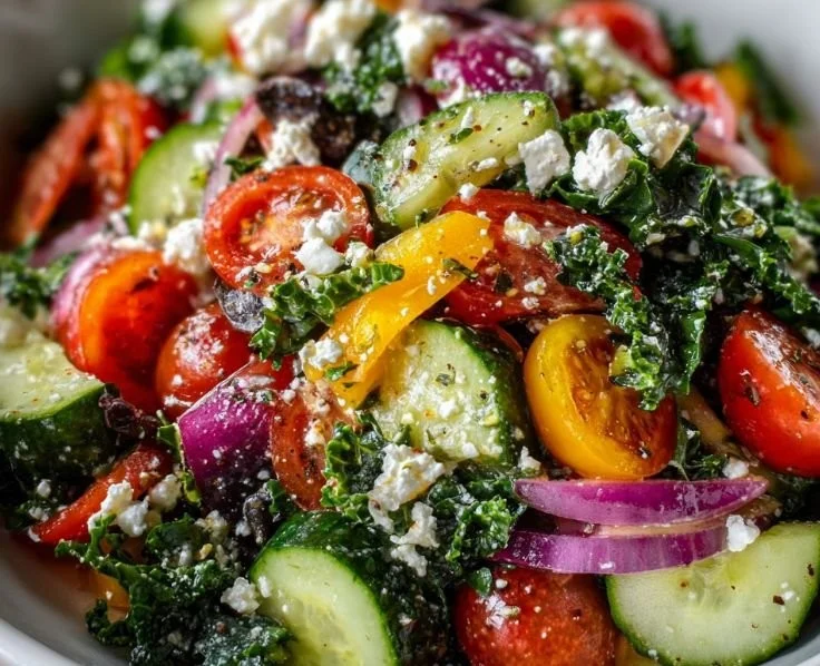 Colorful chopped salad with fresh vegetables and toppings