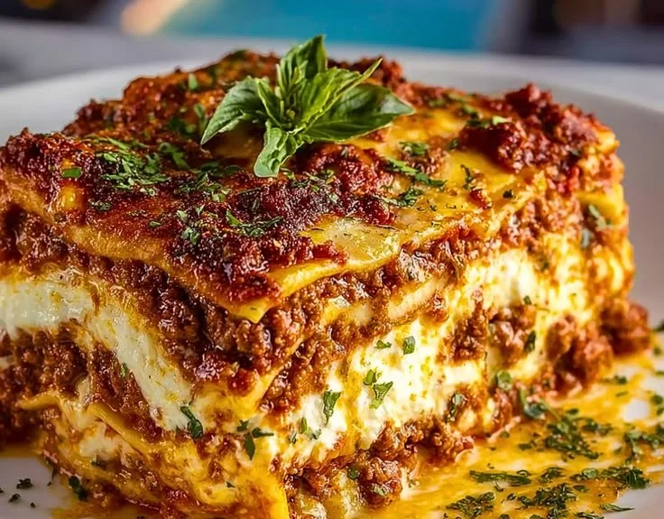 Delicious Christmas Eve Lasagna with layers of cheese and sauce